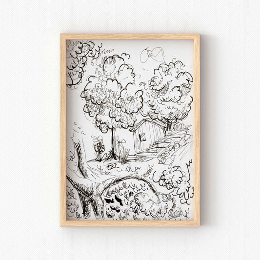 printable wall art of nature drawing with trees and cabin