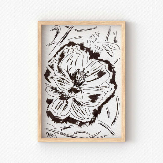 printable wall art of black and white sketch of orange cosmos
