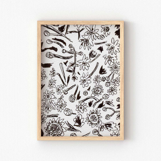 printable wall art of black and white nature sketch with many little flowers