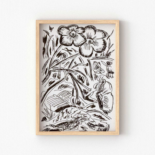 printable wall art of black and white nature sketch of flowers under sakura tree