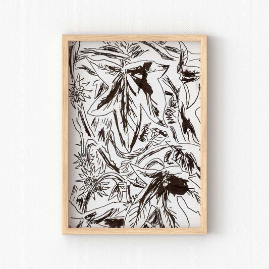 printable wall art of black and white nature sketch of leaves and spiky thing hanging
