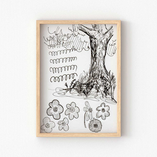 printable wall art of black and white nature drawing with tree and flowers