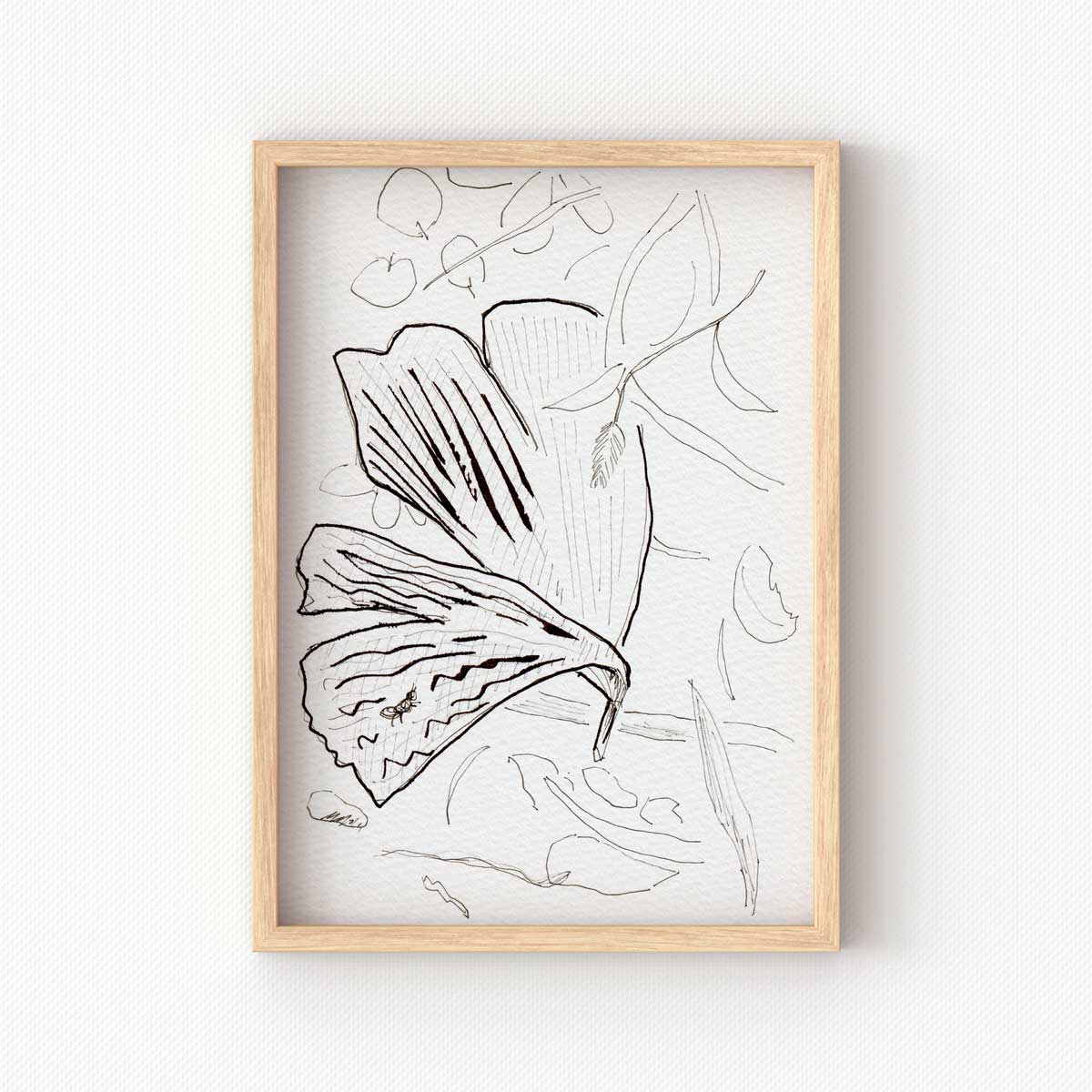 printable wall art of black and white nature sketch with Ginkgo leaf and ant