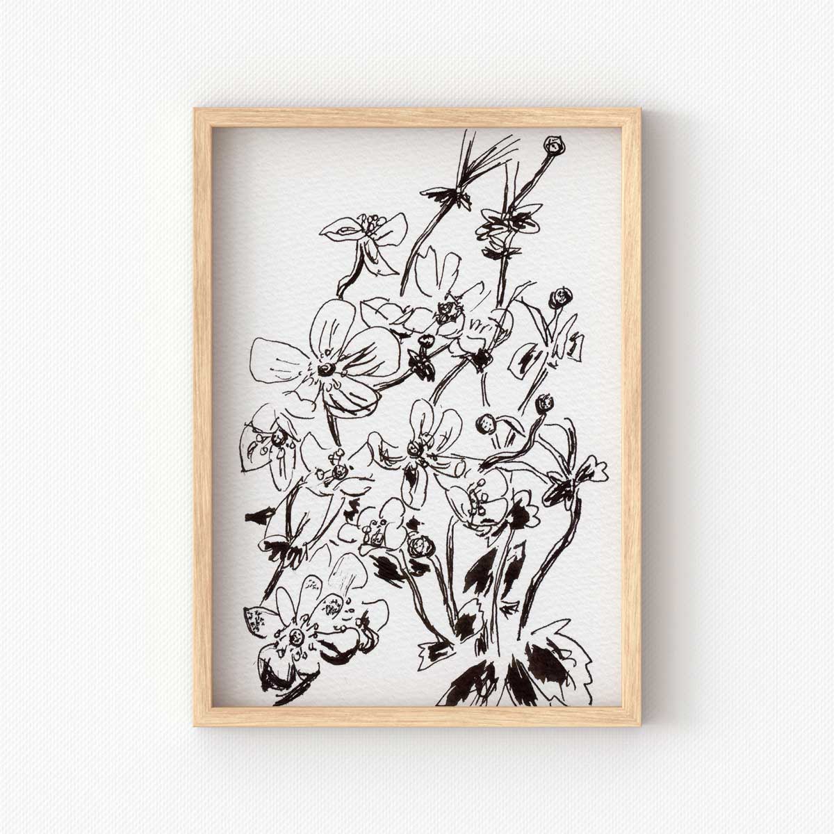 printable wall art of black and white nature sketch of Japanese anemone